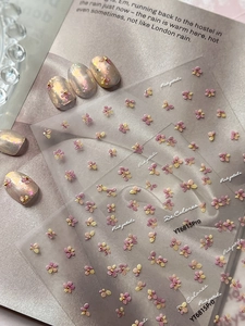 Detail of YT6815Pro 3D embossed nail stickers with pink flower petals and gold beads