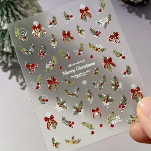 5D embossed Christmas nail stickers with holly berries and Merry Christmas text