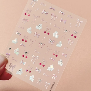 Pink bow and rabbit nail art stickers with glitter rhinestones and cherry patterns