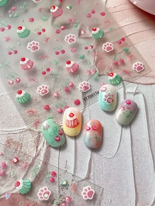 Autocollants 3D pour ongles avec motifs mignons de patte de chat, cupcake et cerise