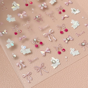 3D bow and rabbit nail art stickers with crystal shell finish and iridescent cherry patterns