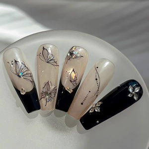 Exquisite handmade long coffin press on nails with black butterfly patterns and rhinestones