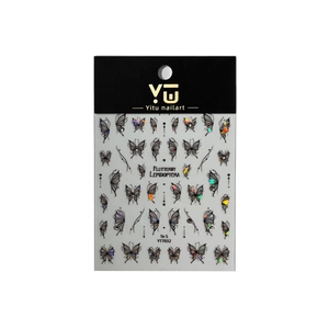 Holographic butterfly nail art stickers YT7032 with black glitter accents and 3D patterns