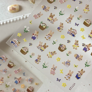 3D relief bunny nail art stickers with pastel flower baskets and butterfly patterns