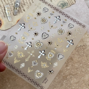 Baroque style gold and silver 3D embossed nail art stickers with heart and cross motifs