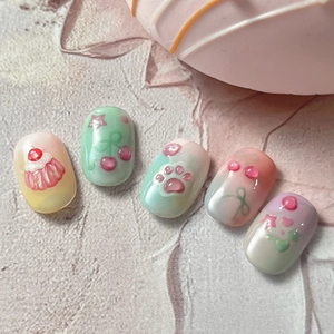 Stickers à ongles 3D pattes de chat et desserts avec effet marbré pastel et reliefs