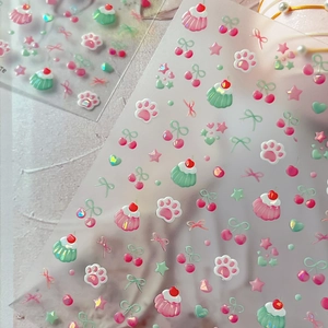 Autocollants ongles 3D mignons avec motifs de pattes de chat, cupcakes et cerises