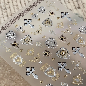 Vintage Gothic gold and silver 3D nail stickers featuring baroque crosses and hearts