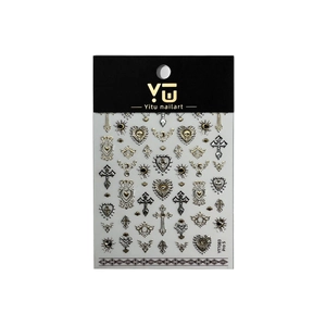 Baroque nail art stickers featuring gold and silver 3D embossed cross and heart motifs