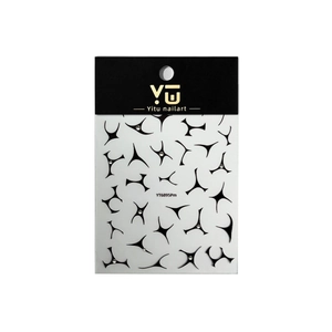 Minimalist black geometric star nail art stickers with silver lines and tiny rhinestones