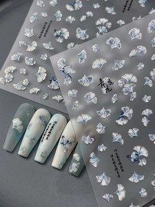Detail of blue and silver ginkgo leaf nail art stickers with elegant Chinese calligraphy
