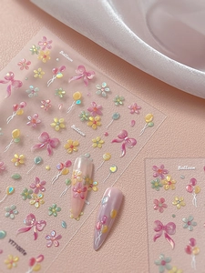 Macro di adesivi per unghie 3D con palloncini, fiori e graziosi fiocchi rosa glitter