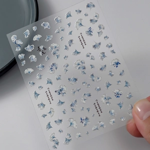 3D embossed ginkgo leaf nail art stickers with blue white porcelain style for manicure