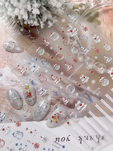 Détail de stickers à ongles de Noël avec bonhommes de neige et flocons en relief 3D