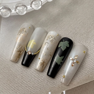 Handmade coffin nail art set with gold leaf and leaf patterns for autumn and winter