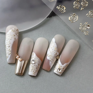 Elegant 3D rose nail stickers with gold lines and rhinestones on long coffin press-on nails