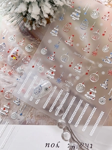 Gros plan de stickers ongles 5D Noël avec bonhommes de neige et flocons style YT7178