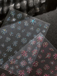 Macro shot of laser holographic firework nail stickers with blue and gold reflections