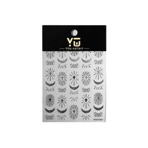 Silver metallic cross and moon nail art stickers on white background with header card