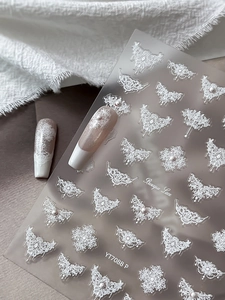 Baroque lace nail art stickers with white 3D pearl patterns and elegant lace designs