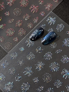 Close-up of holographic aurora fireworks nail stickers on dark blue cat-eye base nails