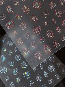 Macro detail of holographic firework nail stickers with 3D shell light effect