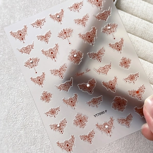 Baroque lace nail stickers with 3D pearl accents in deep red vintage style, model YT7090 P