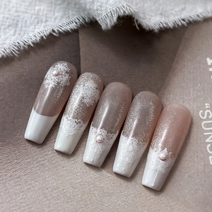 Baroque lace press-on nails with white pearls and silver glitter in coffin shape