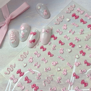 3D Embossed Nail Art Stickers Pink Bowknot Bear Heart Pattern Self Adhesive Manicure Decals For DIY Decoration