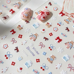 Adesivi per Unghie 3D a Rilievo Winter Dreams Carino Orso Fiocchi di Neve Natale Autoadesivi per Decorazione Unghie