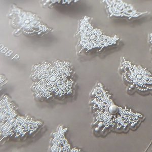 5D embossed nail art stickers with baroque lace butterfly and white pearl details