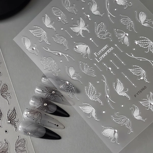 5D Embossed Butterfly Nail Art Stickers Elegant Artificial Pearl Rhinestone White Black Butterfly Decals For Women DIY Manicure Decoration