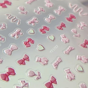 3D relief nail art stickers with pink bows, bears and tulips for cute manicure YT3787