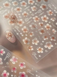 Close-up of 3D embossed jelly flower nail stickers with pink gradient and pearls