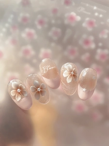 Macro shot of 3D embossed jelly flowers and pearl details on pink floral nail stickers