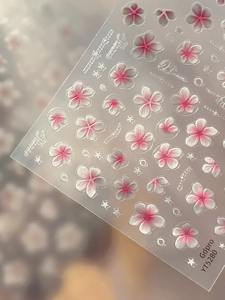 Detailed macro view of 5D embossed pink flower nail art stickers with Bloom lettering