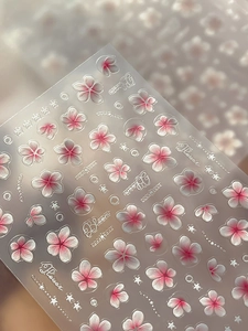 Detail of 3D pink flower nail stickers with floral bloom patterns and star accents