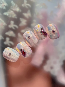 Detail of 3D butterfly nail stickers with jelly crystal luster and sparkling rhinestones