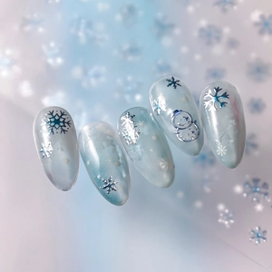 Winter ice blue gradient nail stickers featuring silver snowflakes and snowman relief