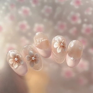 Pink jelly french gradient press-on nails with 3D embossed flowers and pearls