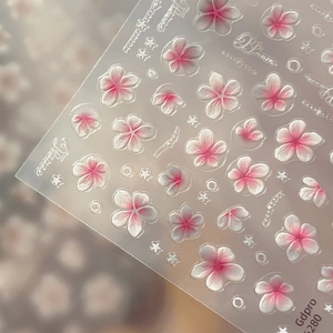 Pink and white gradient jelly flower nail stickers with 3D embossed texture and stars
