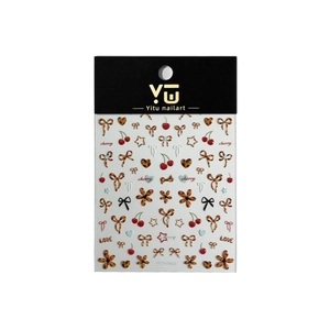 Stickers à ongles gelée ambre avec motifs cerises et nœuds léopard sur fond blanc