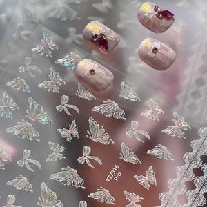 3D Relief Butterfly Nail Art Stickers Holographic Laser Bowknot Lace Design Self-Adhesive Nail Decals For Women Manicure Decor