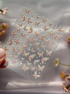 Macro shot of iridescent shell butterfly nail art stickers with laser aurora effect YT3770