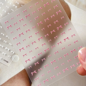 Autocollants ongles nœuds 3D en rose et blanc, ultra-minces auto-adhésifs YT7159