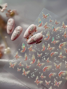 Detail showing 5D embossed iridescent butterfly nail stickers with laser effect