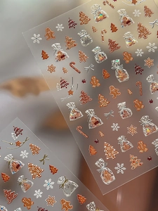 Detailed view of gold foil Christmas nail stickers with gingerbread man and snowflake patterns