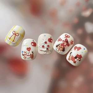 3D embossed Christmas dog nail stickers with cream base and red bow relief
