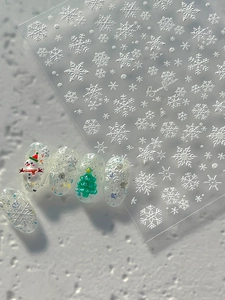 Macro detail of 3D embossed snowflake nail stickers and Christmas tree charms