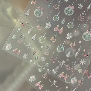 3D embossed Christmas nail stickers with pink trees, snowflakes, and wreaths, model YT7382Pro